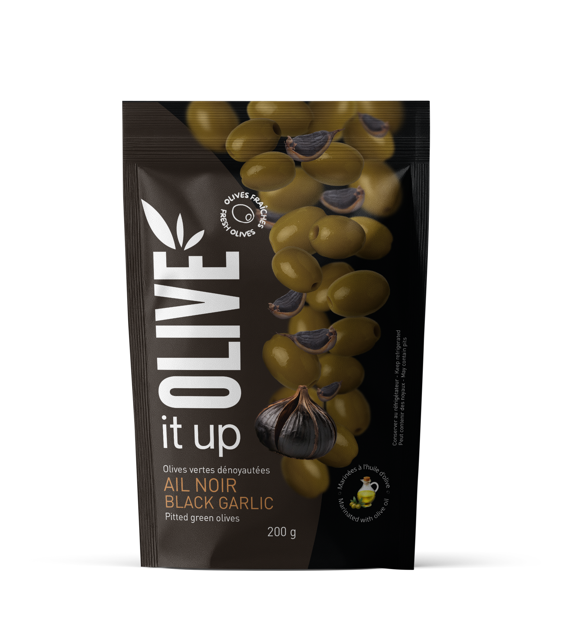 Olives vertes dénoyautées marinées à l'ail noir - Olive It Up, 200 g