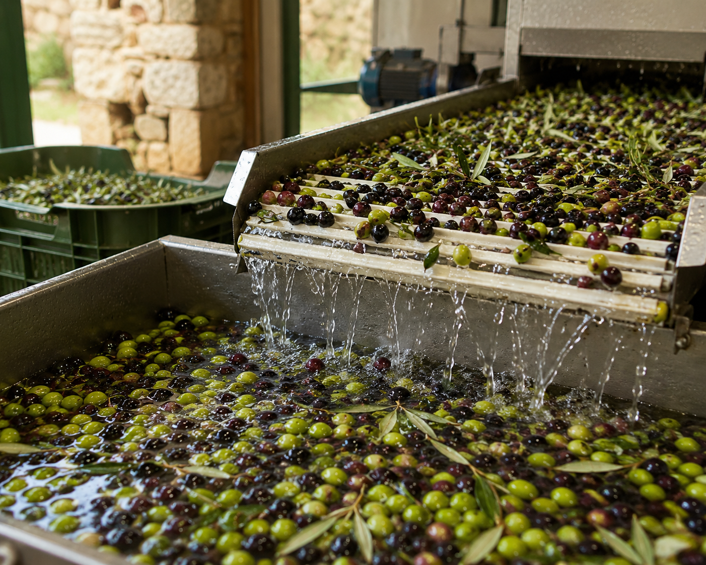 Olives fraîches en cours de lavage après la récolte, méthode artisanale Olive It Up