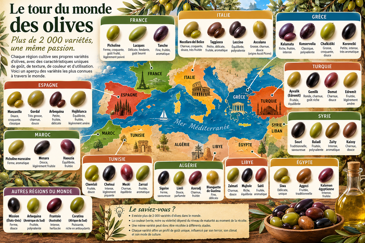Carte illustrée des variétés d'olives du monde par pays : France, Italie, Espagne, Grèce, Turquie, Maroc, Tunisie et plus