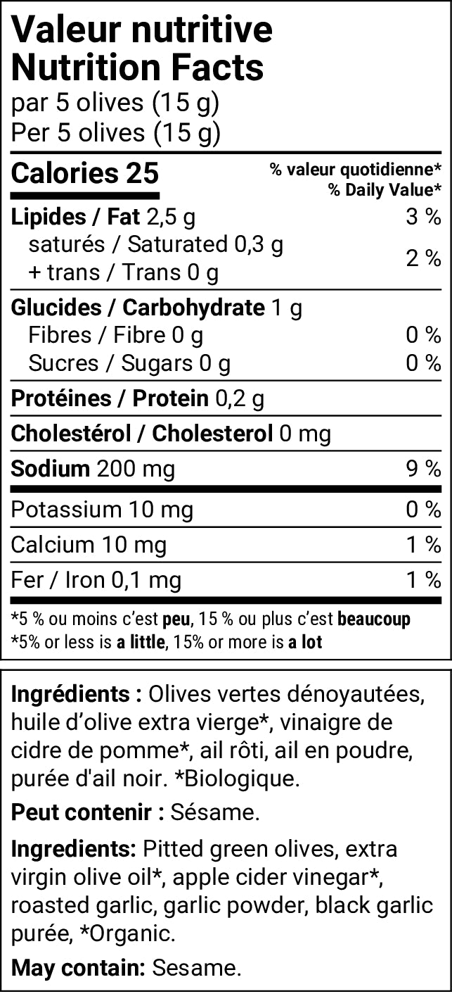Tableau de valeur nutritive et liste d'ingrédients des Olives Ail Noir Olive It Up
