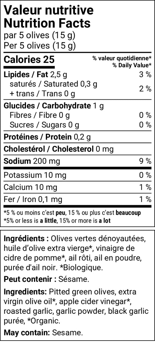 Tableau de valeur nutritive et liste d'ingrédients des Olives Ail Noir Olive It Up