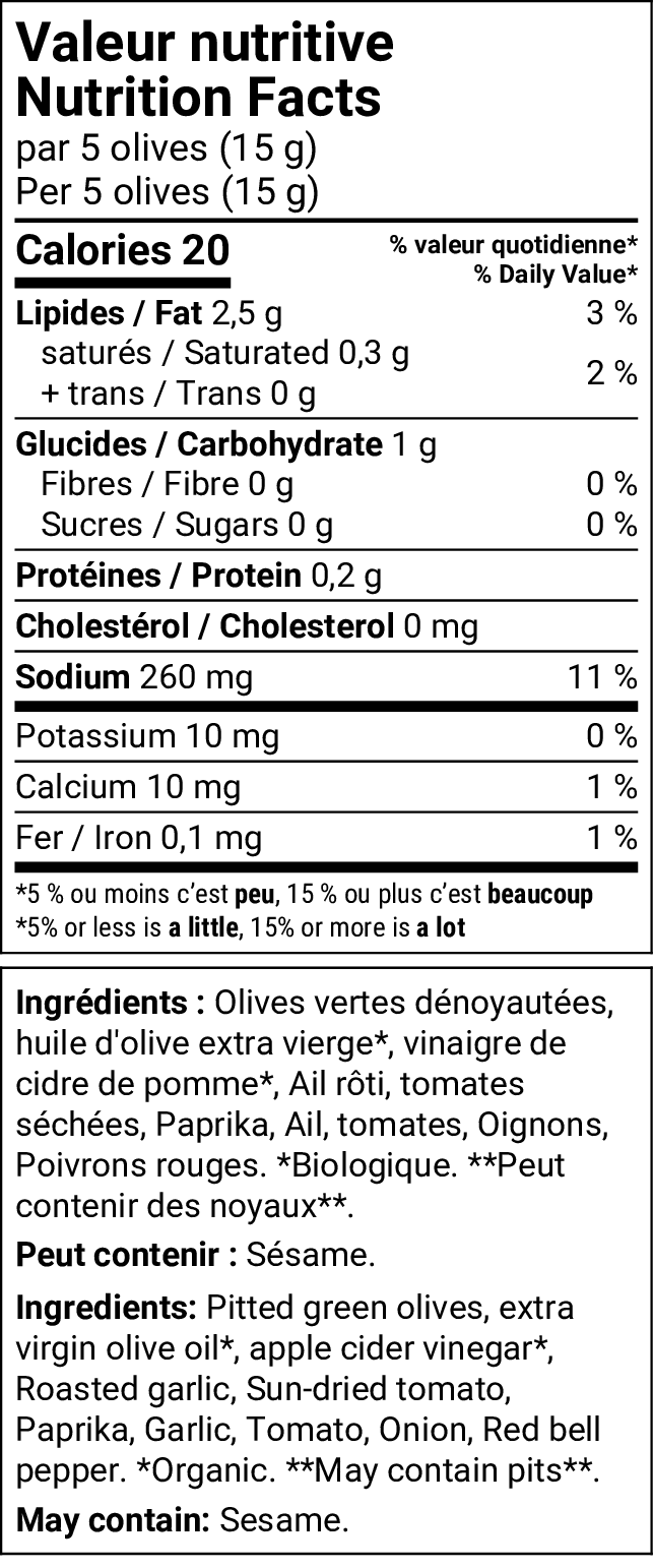 Tableau de valeur nutritive et liste d'ingrédients des Olives Sole di Puglia Olive It Up